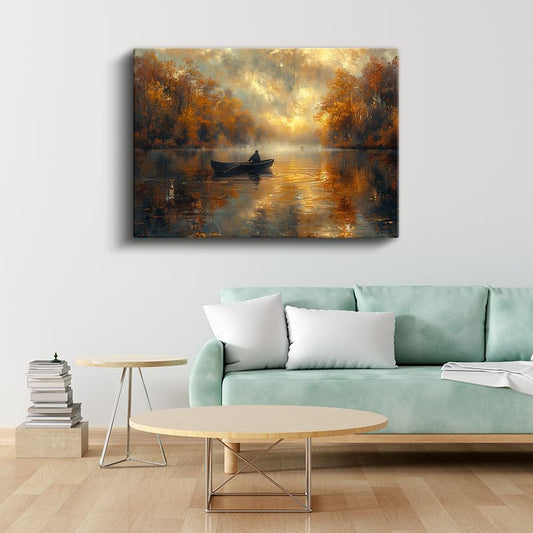 Sonbahar Gölü - Sisli Kayık Yolculuğu Kanvas Tablo
