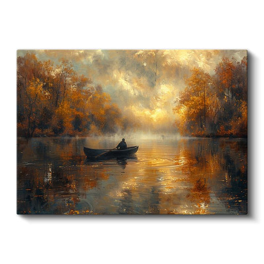 Sonbahar Gölü - Sisli Kayık Yolculuğu Kanvas Tablo