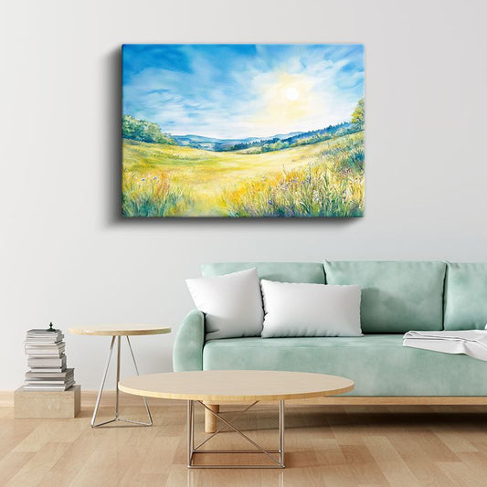 Altın Buğday Tarlaları - Güneşli Vadide Huzur Dolu Manzara Kanvas Tablo