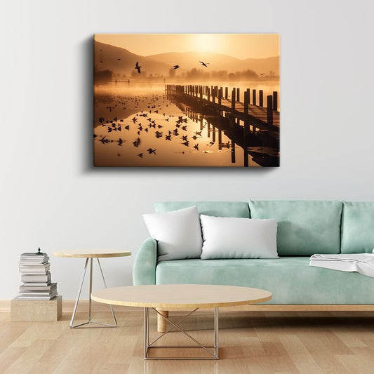Altın Göl - Gün Batımında İskele ve Kuşlar Kanvas Tablo