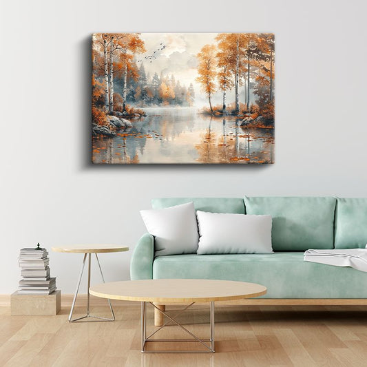 Sonbahar Ormanı - Sisli Göl ve Turuncu Ağaçlar Kanvas Tablo