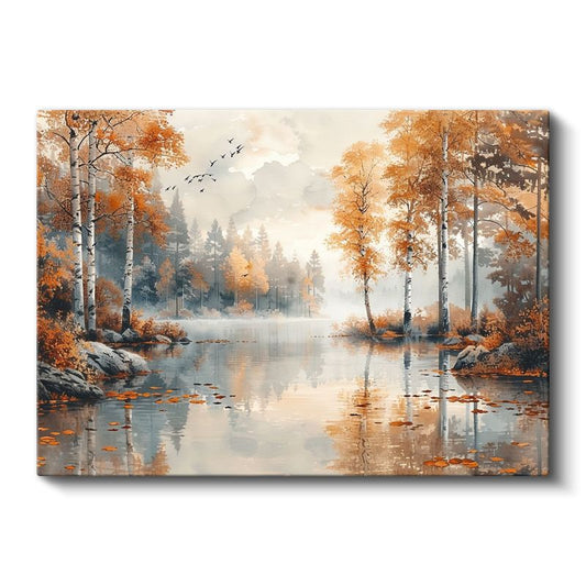 Sonbahar Ormanı - Sisli Göl ve Turuncu Ağaçlar Kanvas Tablo