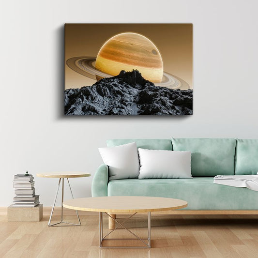 Satürn Manzarası - Dağların Üzerinde Yükselen Gezegen Kanvas Tablo