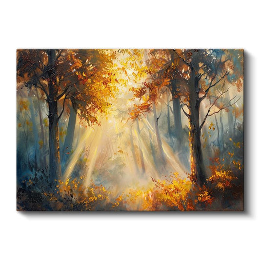 Sonbahar Ormanı - Altın Yapraklar Arasından Süzülen Güneş Işınları Kanvas Tablo
