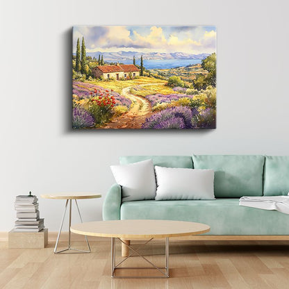 Akdeniz Çiftliği - Lavanta Tarlaları ve Deniz Manzaralı Kır Evi Kanvas Tablo