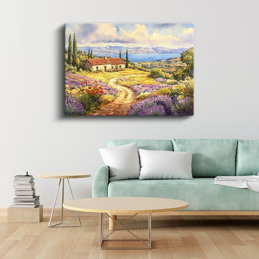 Akdeniz Çiftliği - Lavanta Tarlaları ve Deniz Manzaralı Kır Evi Kanvas Tablo