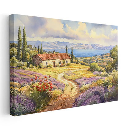 Akdeniz Çiftliği - Lavanta Tarlaları ve Deniz Manzaralı Kır Evi Kanvas Tablo
