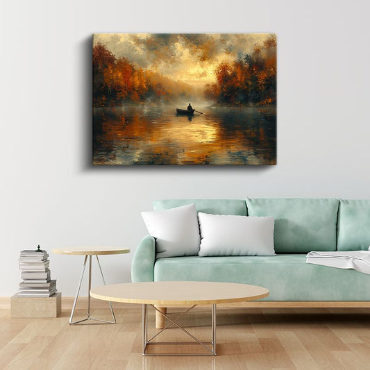 Sonbahar Gölü - Altın Işıklar Altında Yalnız Kayıkçı Kanvas Tablo