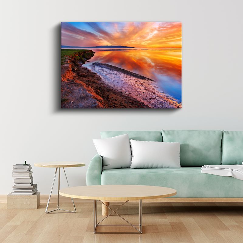 Alev Renkli Gün Batımı - Sahilde Altın Yansımalar Kanvas Tablo