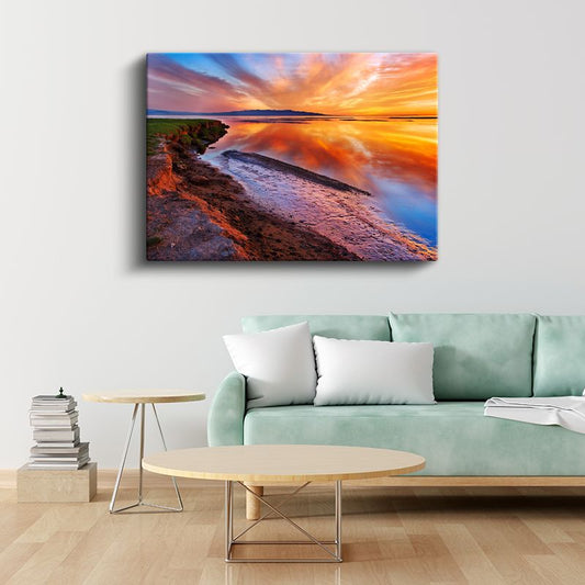Alev Renkli Gün Batımı - Sahilde Altın Yansımalar Kanvas Tablo