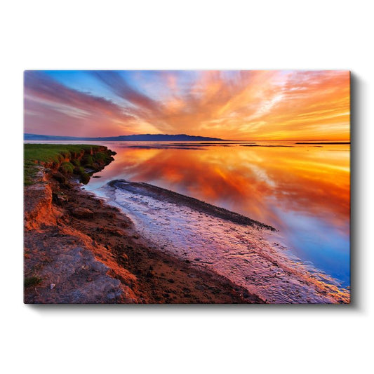 Alev Renkli Gün Batımı - Sahilde Altın Yansımalar Kanvas Tablo