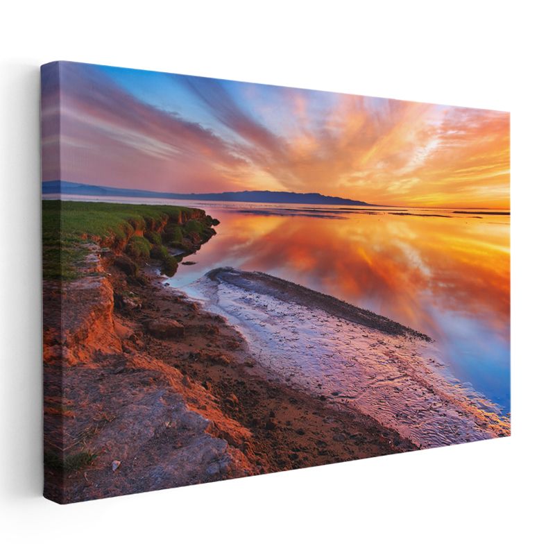 Alev Renkli Gün Batımı - Sahilde Altın Yansımalar Kanvas Tablo