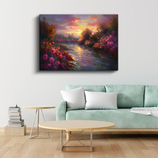 Çiçekli Nehir - Gün Batımında Pembe Güller Kanvas Tablo