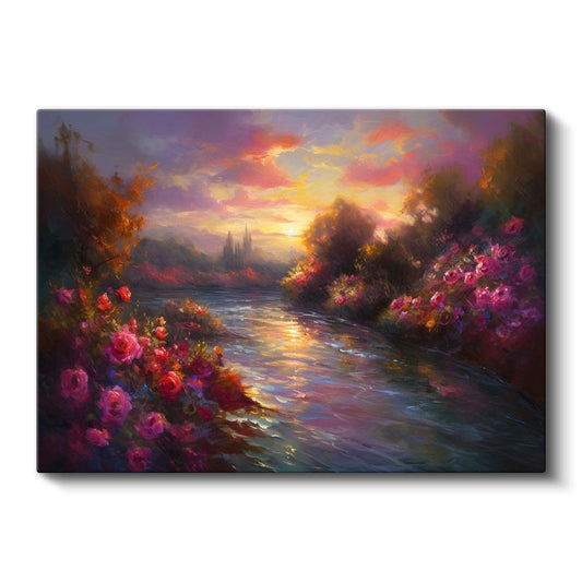 Çiçekli Nehir - Gün Batımında Pembe Güller Kanvas Tablo
