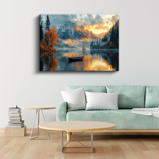 Dağ Gölü Manzarası - Sonbahar Işığında Tekne Yolculuğu Kanvas Tablo