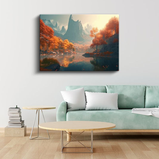 Sonbahar Vadisi - Turuncu Yaprakların Göl Yansıması Kanvas Tablo