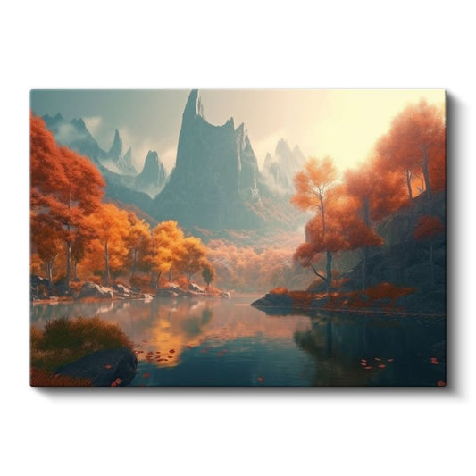 Sonbahar Vadisi - Turuncu Yaprakların Göl Yansıması Kanvas Tablo