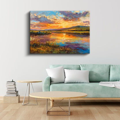 Alacakaranlık Manzarası - Göl Üzerinde Yansıyan Gün Batımı Renkleri Kanvas Tablo