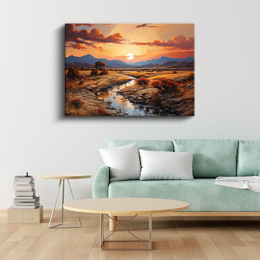 Çöl Vadisi - Altın Gün Batımında Huzur Veren Nehir Manzarası Kanvas Tablo