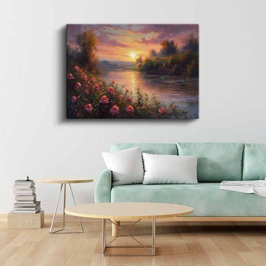 Gül Bahçesi - Altın Gün Batımında Nehir Kıyısı Kanvas Tablo