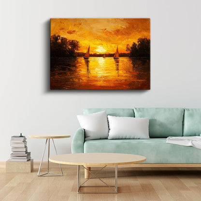 Yelkenliler - Turuncu Gün Batımında Huzurlu Seyir Kanvas Tablo