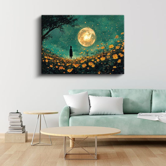 Ayışığı - Sarı Çiçekler Arasında Büyülü Gece Kanvas Tablo