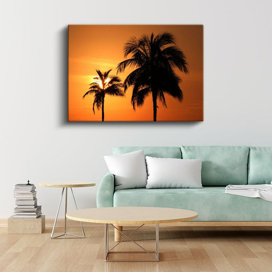 Palmiyeler - Turuncu Gün Batımında Tropik Silüetler Kanvas Tablo