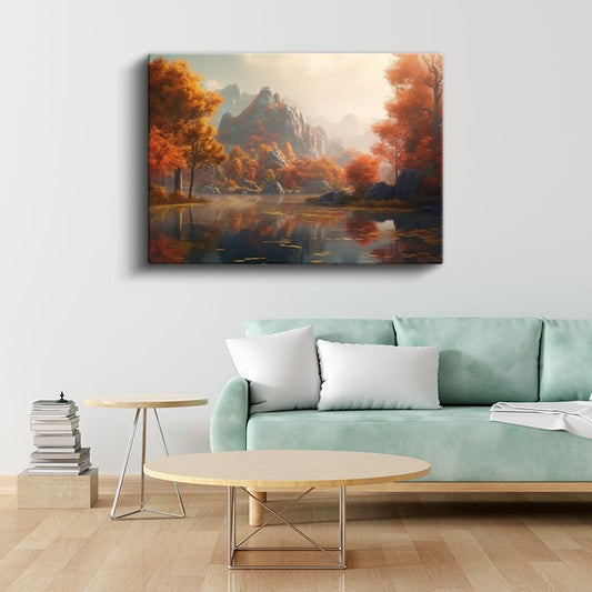 Sonbahar Gölü - Turuncu Yaprakların Dansı Kanvas Tablo