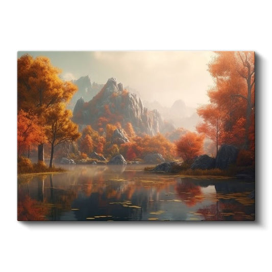 Sonbahar Gölü - Turuncu Yaprakların Dansı Kanvas Tablo