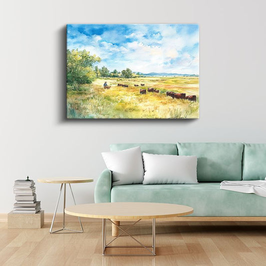 Çiftlik Manzarası - Altın Sarısı Çayırda Otlayan Sığırlar Kanvas Tablo