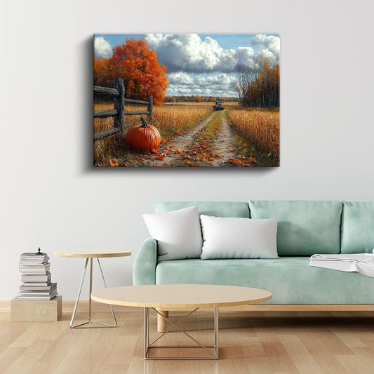Sonbahar Yolu - Turuncu Yapraklı Ağaçlar ve Balkabağı Kanvas Tablo