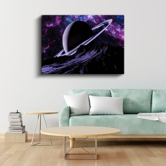 Satürn Manzarası - Mor Gökyüzünde Halkalı Gezegen Kanvas Tablo
