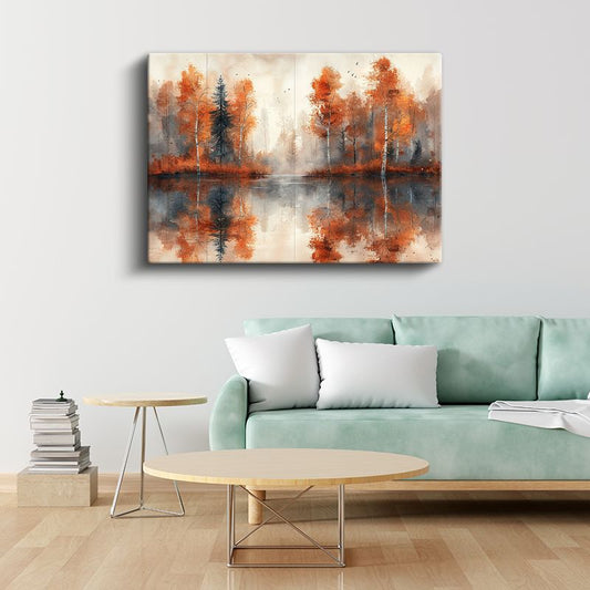 Sonbahar Ormanı - Turuncu Yaprakların Göl Yansıması Kanvas Tablo