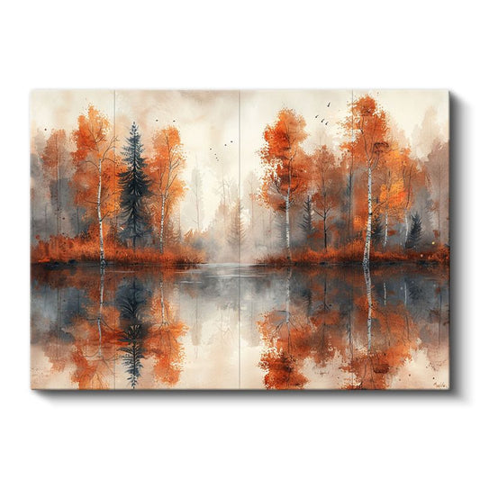 Sonbahar Ormanı - Turuncu Yaprakların Göl Yansıması Kanvas Tablo