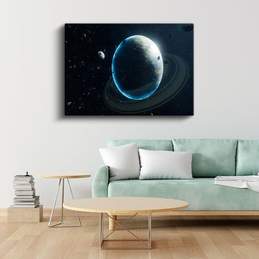 Mavi Gezegen - Işıltılı Halkaları ile Uzay Manzarası Kanvas Tablo
