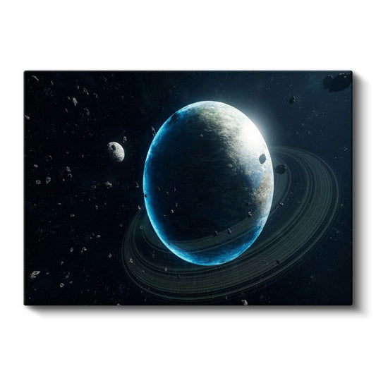 Mavi Gezegen - Işıltılı Halkaları ile Uzay Manzarası Kanvas Tablo
