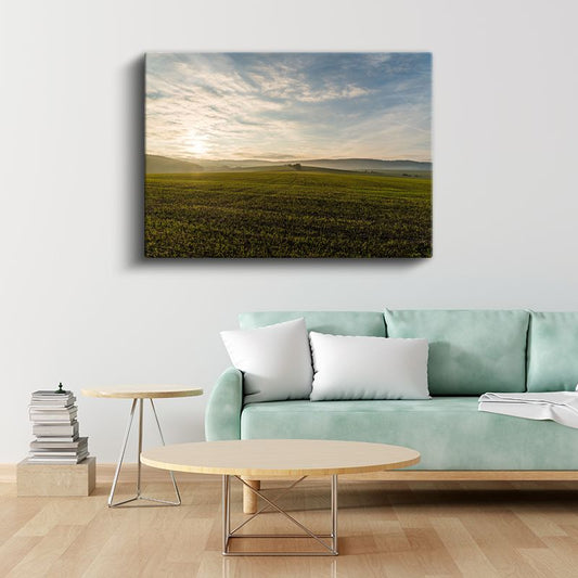 Altın Tarlalar - Gün Doğumunda Huzur Veren Yeşil Vadiler Kanvas Tablo