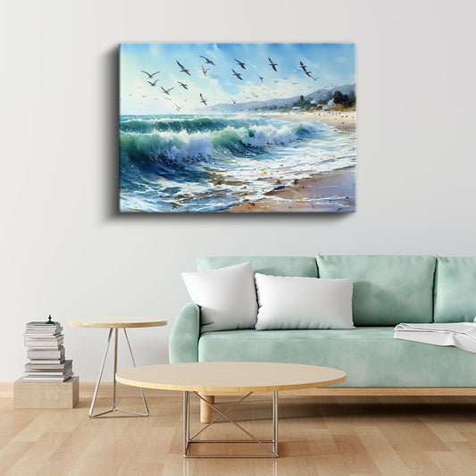 Özgürlük Dalgaları - Kuşların Dansı ve Köpüklü Sahil Kanvas Tablo