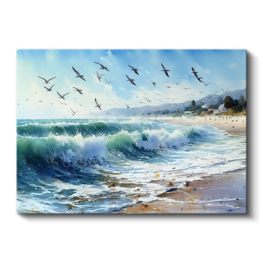Özgürlük Dalgaları - Kuşların Dansı ve Köpüklü Sahil Kanvas Tablo