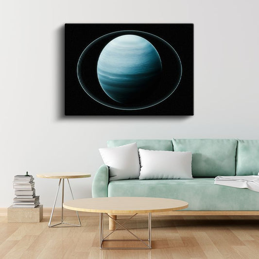 Satürn - Mavi Tonlarda Halkalı Gezegen Kanvas Tablo