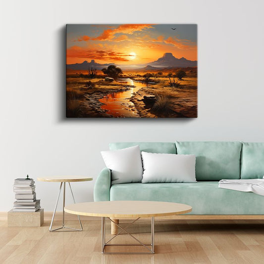 Çöl Vadisi - Turuncu Gün Batımında Akan Dere Kanvas Tablo