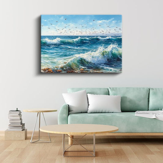 Dalgaların Dansı - Martıların Eşlik Ettiği Köpüklü Deniz Kanvas Tablo