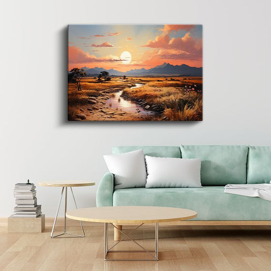 Altın Savana - Gün Batımında Irmak Kenarı Manzarası Kanvas Tablo