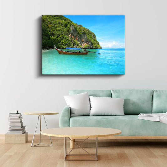 Cennet Koyları - Turkuaz Suda Yüzen Tekne Kanvas Tablo