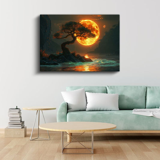 Kızıl Dolunay - Mistik Ağaç Silüeti Kanvas Tablo
