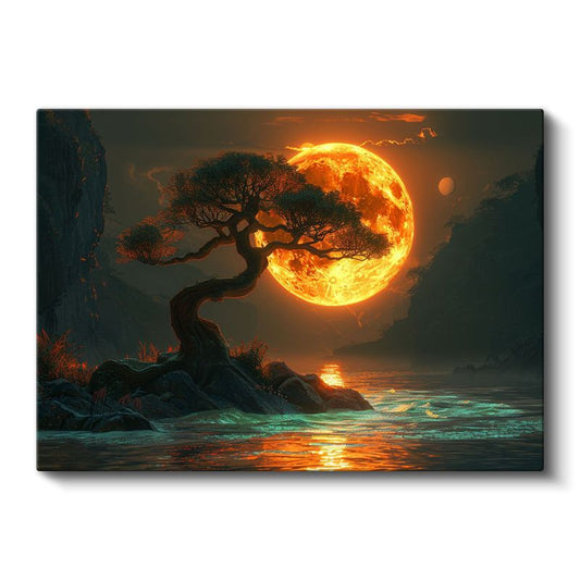 Kızıl Dolunay - Mistik Ağaç Silüeti Kanvas Tablo