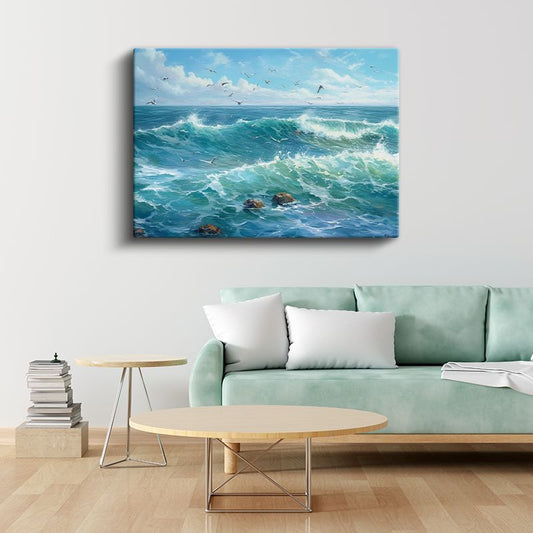 Turkuaz Dalgalar - Martılı Deniz Manzarası Kanvas Tablo