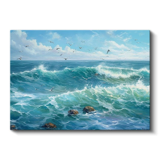 Turkuaz Dalgalar - Martılı Deniz Manzarası Kanvas Tablo