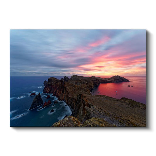 Kıyı Kayalıkları - Alev Renkli Gün Batımında Okyanus Manzarası Kanvas Tablo