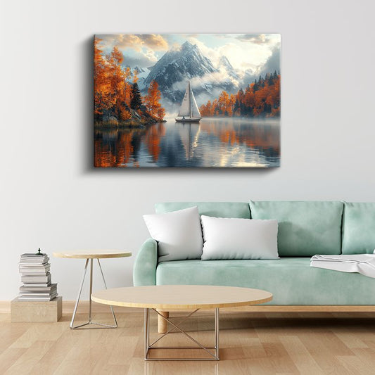 Sonbahar Gölü - Turuncu Yapraklar Arasında Yelkenli Tekne Kanvas Tablo